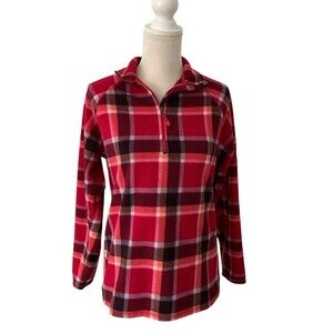 Eddie Bauer 1/4 Zip Fleece Top Women's Size Medium Pink Red Plaid Cozy Outdoors